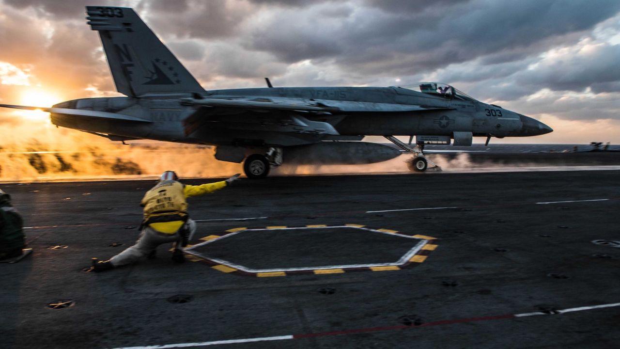 An F/A-18E Super Hornet launches from the flight deck of the USS Ronald Reagan.