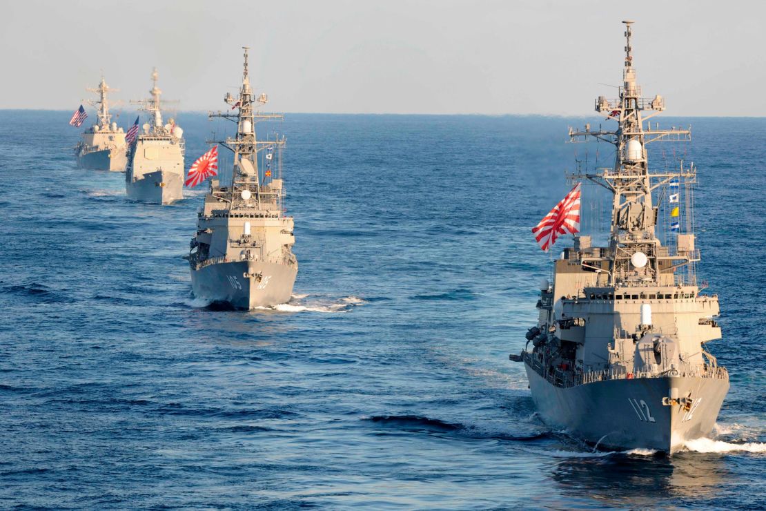The Japanese Maritime Self-Defense Force warships join in the Pacific exercises.