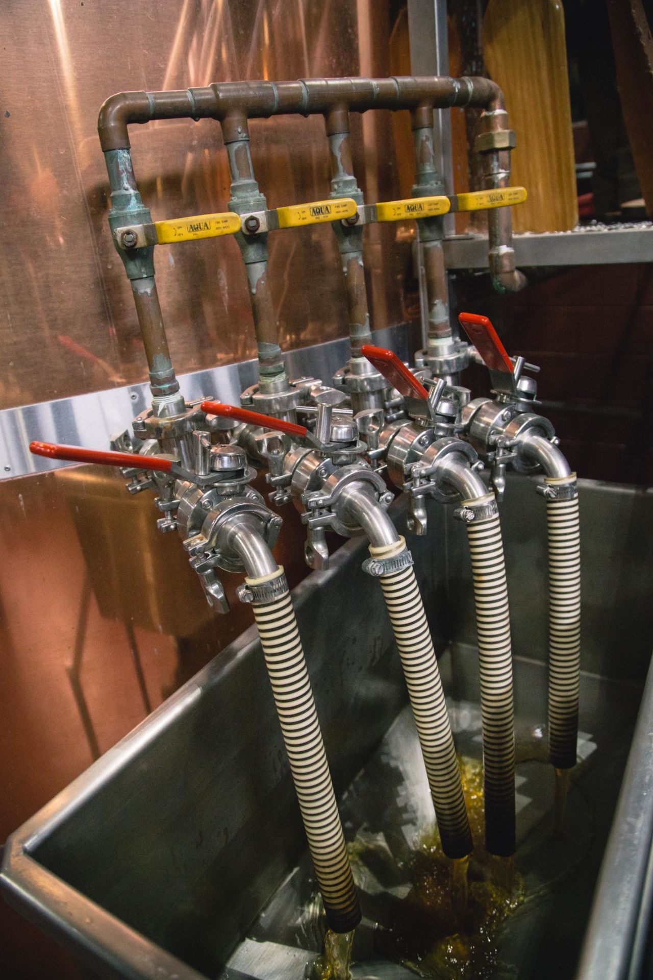 After the starches have been converted into fermentable sugars, liquid is drained from the bottom of the mash tun. More water is trickled through the grain and drained to extract more sugars. This produces a sweet liquid called wort, ready for boiling.<br />