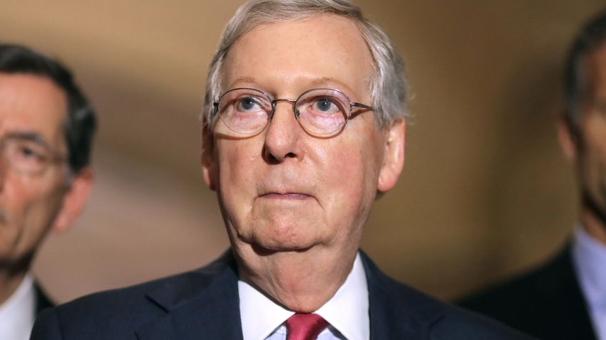 WASHINGTON, DC - MAY 16: Senate Majority Leader Mitch McConnell (R-KY) (C) talks to reporters with Sen. John Barrosso (R-WY) (L) and Sen. John Thune (R-SD) following their party's weekly policy luncheon at the U.S. Capitol May 16, 2017 in Washington, DC. Many Republican and Democratic senators expressed frustration and concern about how President Donald Trump may have shared classified intelligence with the Russian foreign minister last week at the White House. (Photo by Chip Somodevilla/Getty Images)