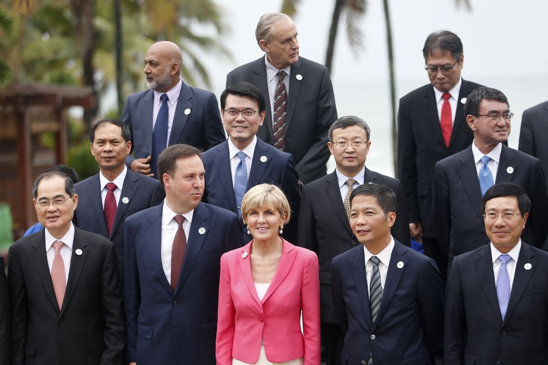 Australia's Foreign Minister Julie Bishop (front C) poses with other ministers ahead of the Asia-Pacific Economic Cooperation (APEC) Summit leaders meetings in Vietnamon November 8.