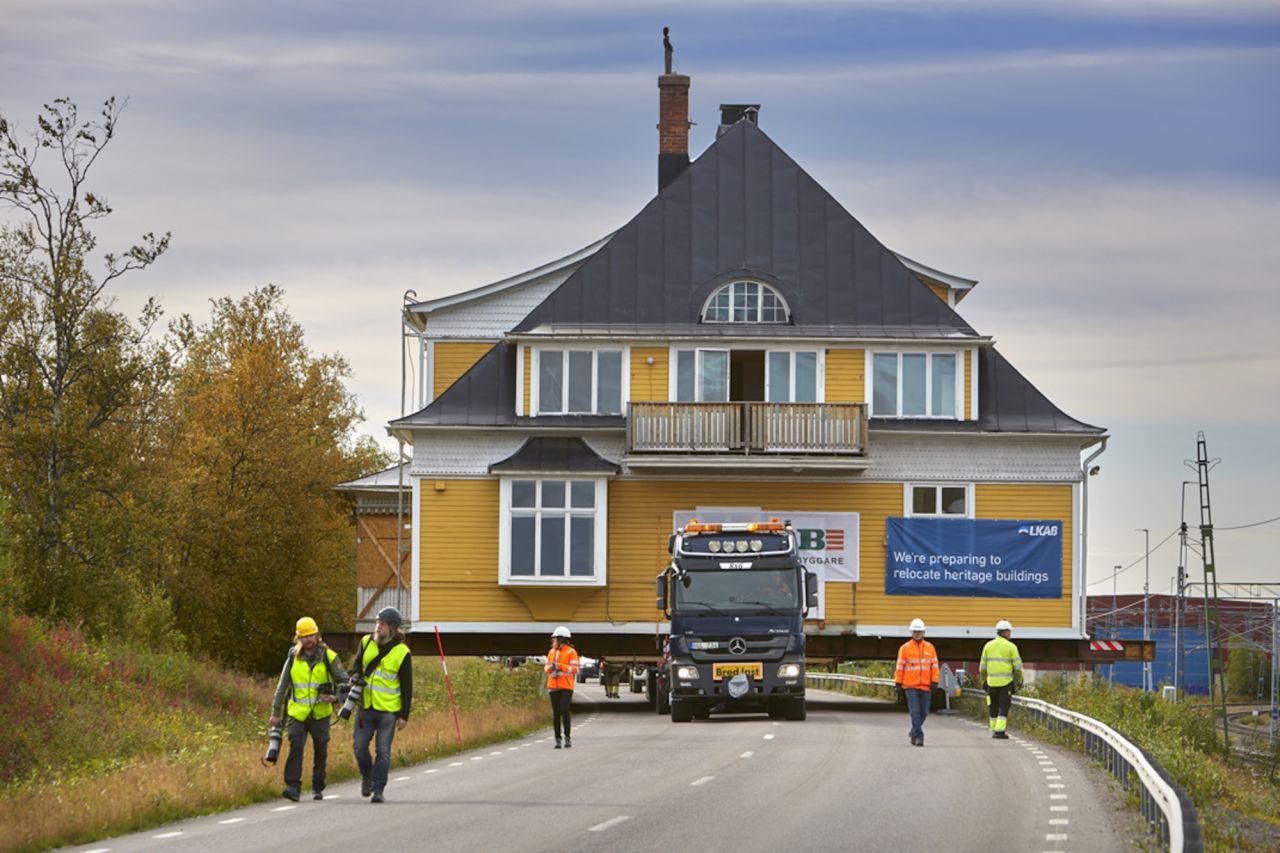 At risk of cracks from a nearby mine posing a danger to residents, the Swedish town of Kiruna is relocating some of its population, as well as heritage buildings. The Ingengörsvillan, pictured, was moved intact in August 2017. The highway as closed as it made its voyage.