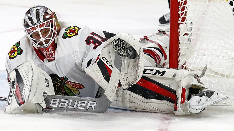 Chicago goalie Anton Forsberg makes a save during an NHL game in Raleigh, North Carolina, on Saturday, November 11. Forsberg had 35 saves as the Blackhawks defeated Carolina 4-3 in overtime.