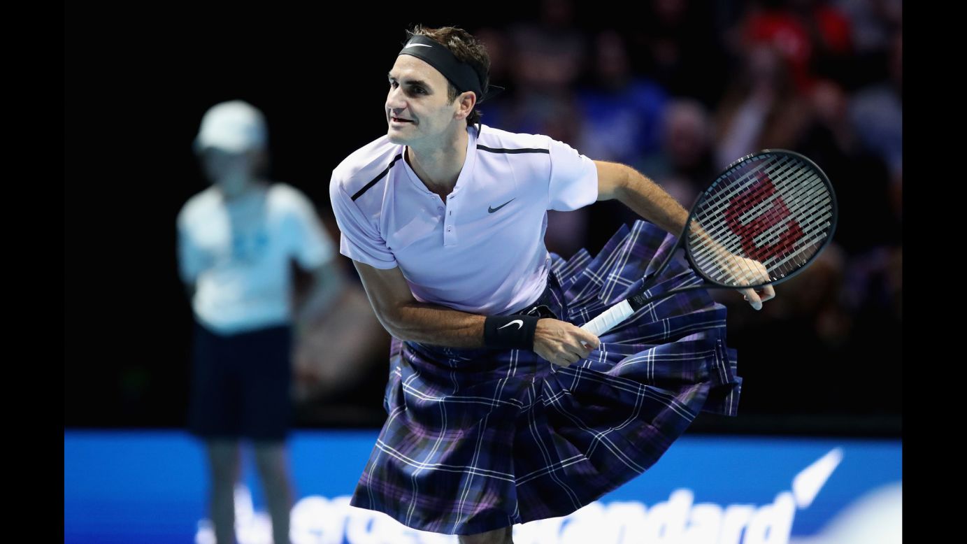 Roger Federer wears a kilt during an exhibition match in Glasgow, Scotland, on Tuesday, November 7. Federer was playing hometown favorite Andy Murray.