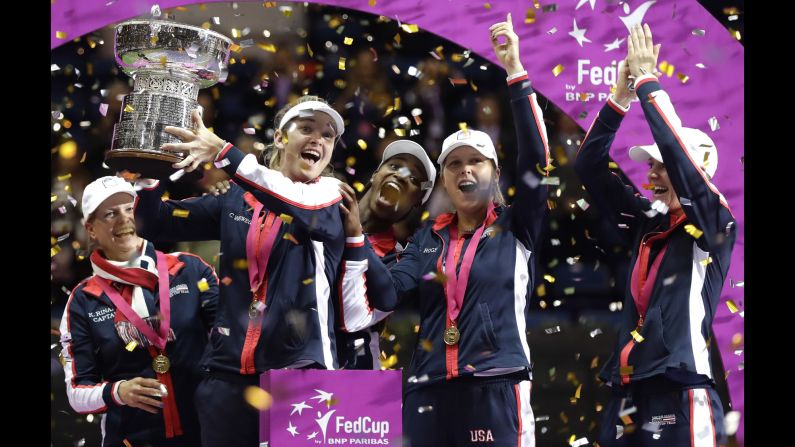 CoCo Vandeweghe holds the Fed Cup after the American team defeated Belarus in the final on Sunday, November 12. It is <a href="index.php?page=&url=http%3A%2F%2Fedition.cnn.com%2F2017%2F11%2F13%2Ftennis%2Ffed-cup-usa-coco-vandeweghe%2Findex.html" target="_blank">the first time in 17 years</a> that the United States won the Fed Cup, the top team competition in women's tennis.