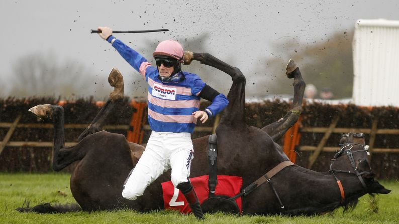 Sam Twiston-Davies and his horse, Mont Des Avaloirs, fall at the last hurdle of a race in Wincanton, England, on Saturday, November 11.