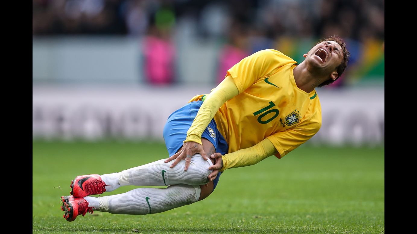 Brazilian soccer star Neymar reacts during a friendly match against Japan on Friday, November 10. He scored a goal in Brazil's 3-1 victory.