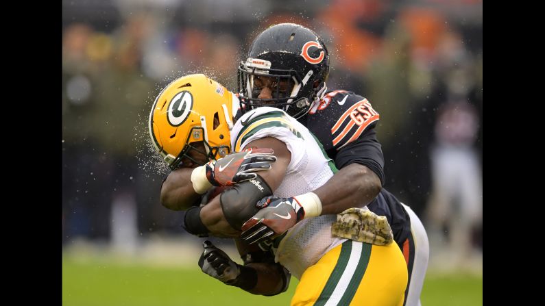 Chicago's Christian Jones tackles Green Bay's Ty Montgomery during an NFL game in Chicago on Sunday, November 12.