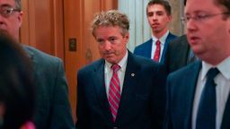 Sen. Rand Paul, R-Ky., arrives on Capitol Hill in Washington, Monday, Nov. 13, 2017. Paul entered the chamber, hands by his sides, to cast a vote. Paul was attacked Nov. 3 while mowing his lawn, authorities said.  (AP Photo/Pablo Martinez Monsivais)