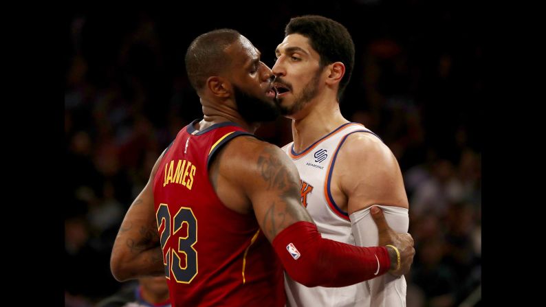 Cleveland's LeBron James and the New York Knicks' Enes Kanter square off during the first half of an NBA game in New York on Monday, November 13. Both players received a technical foul.