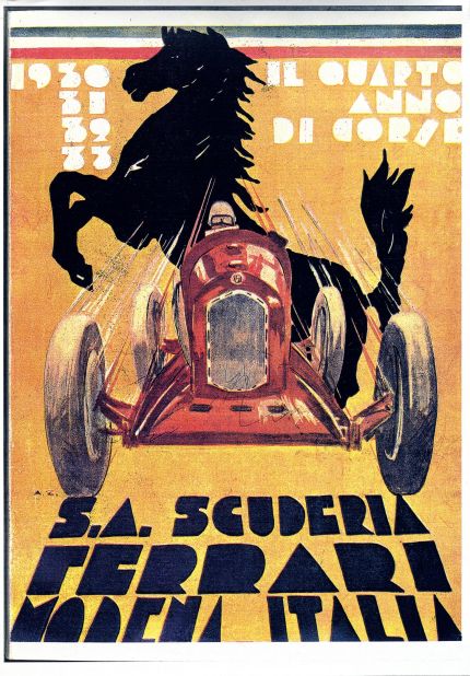 Classic sketches and artwork will be shown at the Design Museum. This poster from 1933 celebrates Ferrari's 'fourth year of agility'.