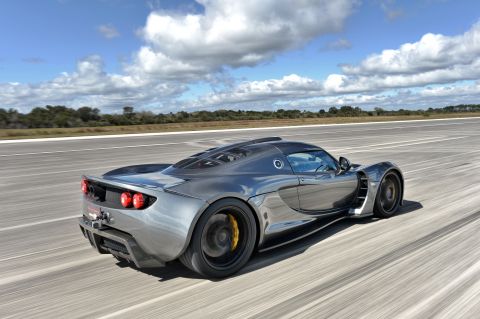 For a while the Venom GT was unofficially the fastest car in the world, hitting 270.5mph on a single run in 2014 at the Kennedy Space Center. Adapting the chassis of a Lotus Exige, the GT will go from 0-60mph in 2.7 seconds -- and 0-200mph in 14.5.<br />