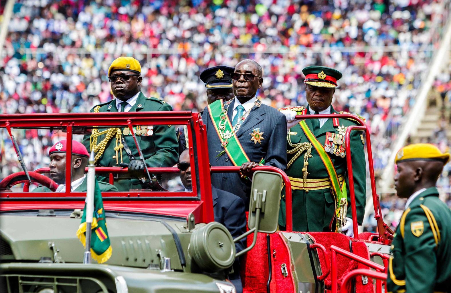 Mugabe reviews the guard of honor during Zimbabwe's 37th Independence Day celebrations in April 2017.