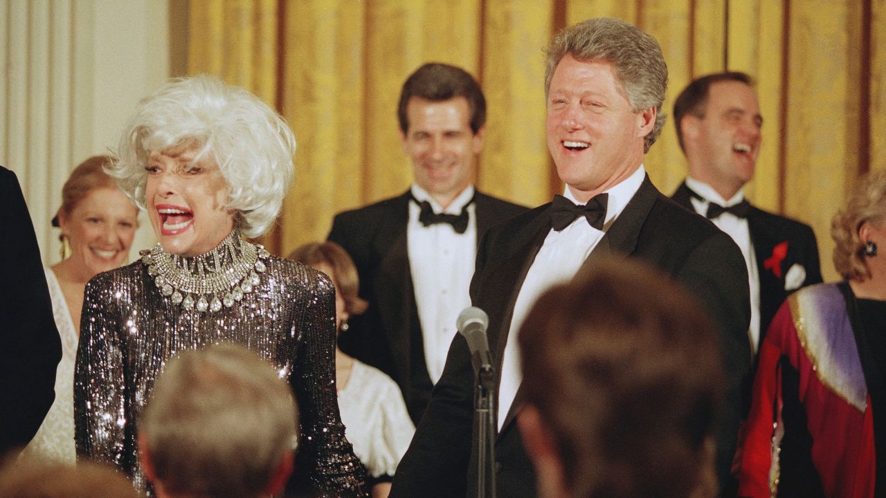 President Bill Clinton greets the Broadway star after her performance at a White House dinner in February 1993. The event was the first official dinner hosted by Clinton at the White House.