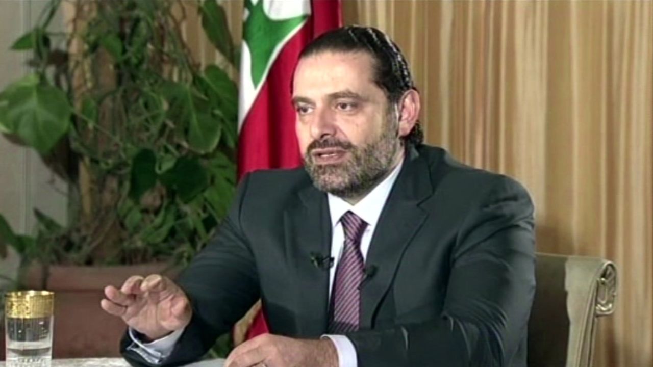 Lebanon's Prime Minister Saad Hariri gives a live TV interview in Riyadh, Saudi Arabia, on November 12.