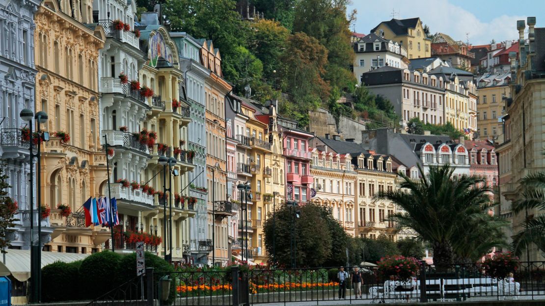 Spa town Karlovy Vary is known for its hot springs and colorful architecture.