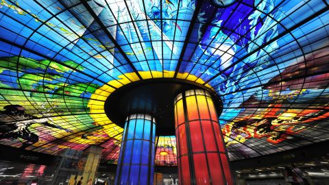This general view photo shows the interior of the Formosa Boulevard Mass Rapid Transit Station in Kaohsiung, in southern Taiwan, lit up late on September 22, 2009.   AFP PHOTO / Sam YEH (Photo credit should read SAM YEH/AFP/Getty Images)