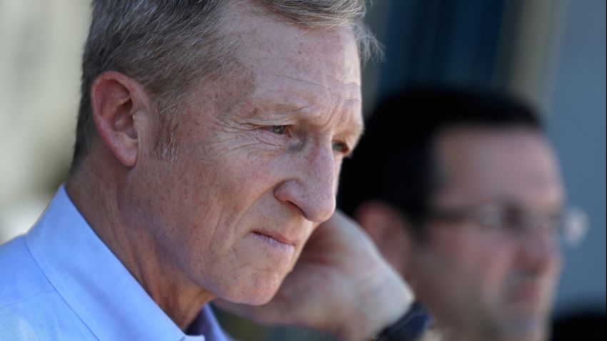SAN FRANCISCO, CA - OCTOBER 24: Billionaire Tom Steyer (L) looks on during a rally and press conference at San Francisco City Hall on October 24, 2017 in San Francisco, California. Tom Steyer spoke at a rally and press conference with San Francisco supervisor Sandra Lee Fewer who is the author of a resolution calling on U.S. Congress to initiate impeachment proceedings for U.S. president Donald Trump. Steyer has launched his own $10 million campaign calling on the impeachment of the president. (Photo by Justin Sullivan/Getty Images)