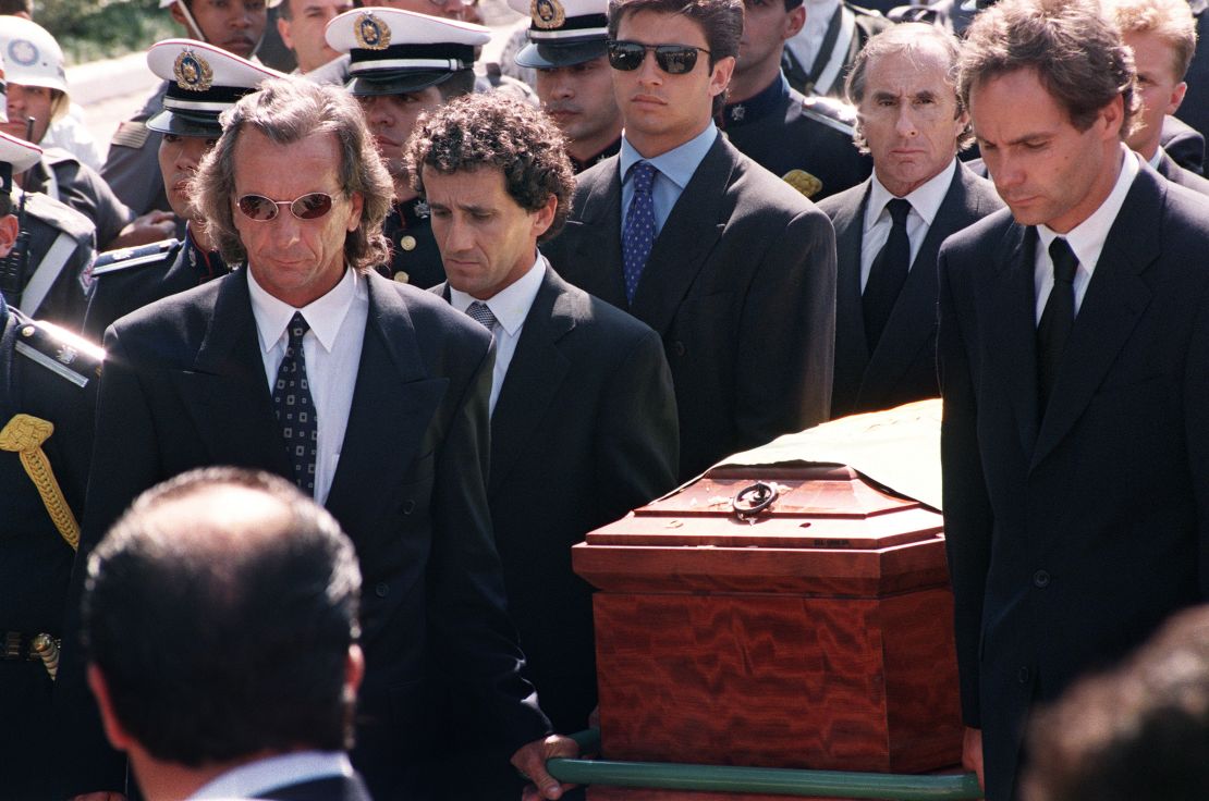F1 drivers carry Senna's casket at his funeral including his great rival Alain Prost, Emerson Fittipaldi, Jackie Stewart and Gerhard Berger