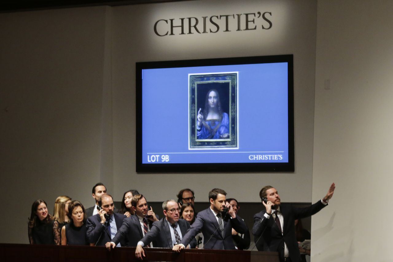 The auction of Leonardo da Vinci's "Salvator Mundi" at Christie's on November 15, 2017 in New York City. 