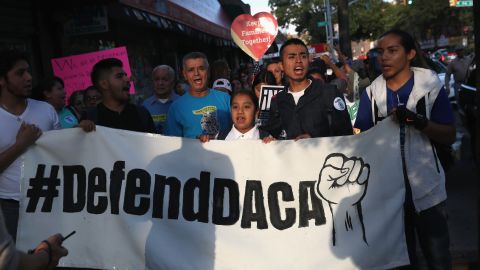   Immigrants' rights demonstrators march in protest of President Trump's decision on DACA on September 7, 2017 in the Queens borough of New York City.  (Photo by John Moore/Getty Images)