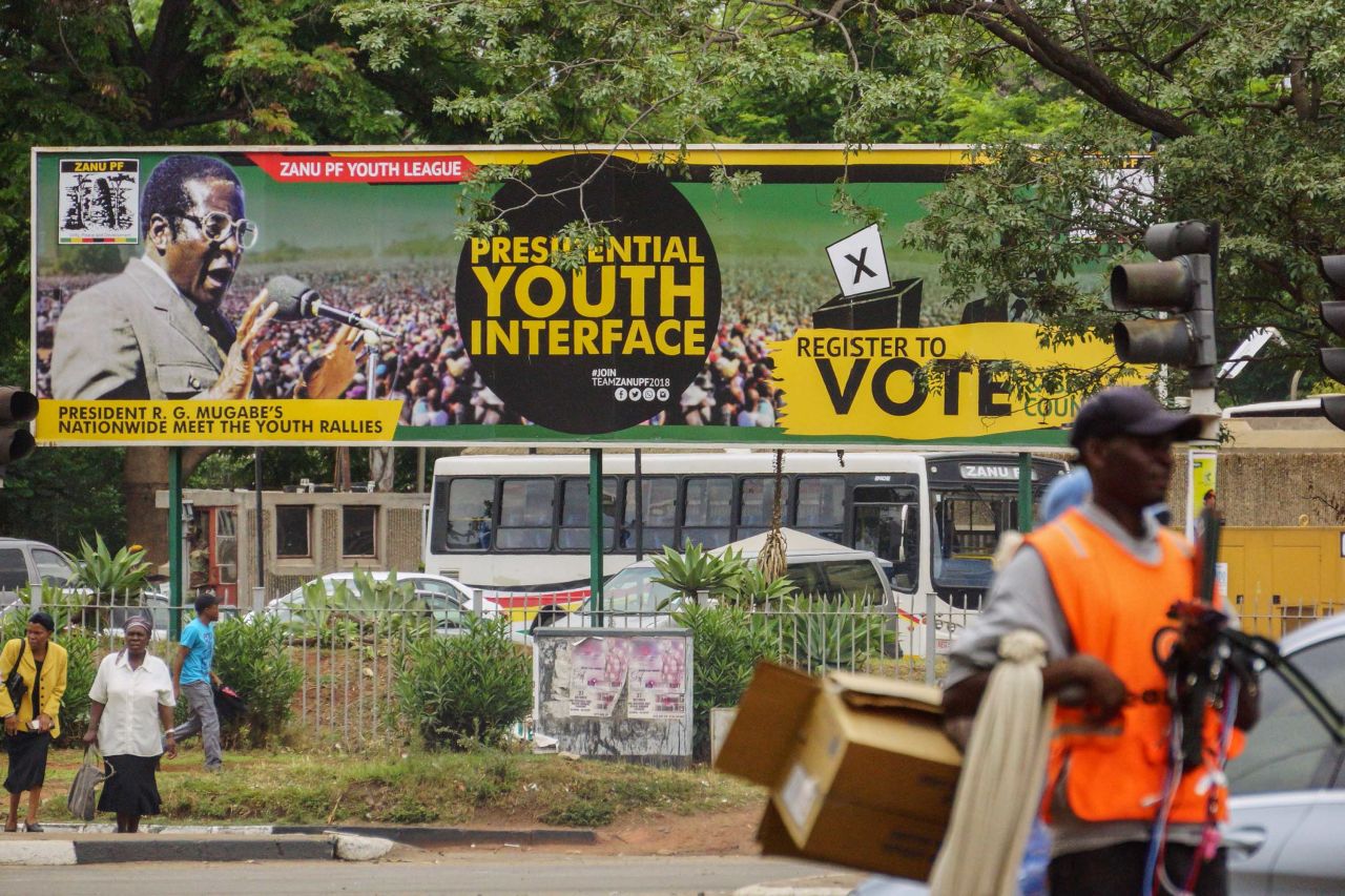 A banner of Mugabe remains outside the ZANU-PF headquarters in Harare on November 16.