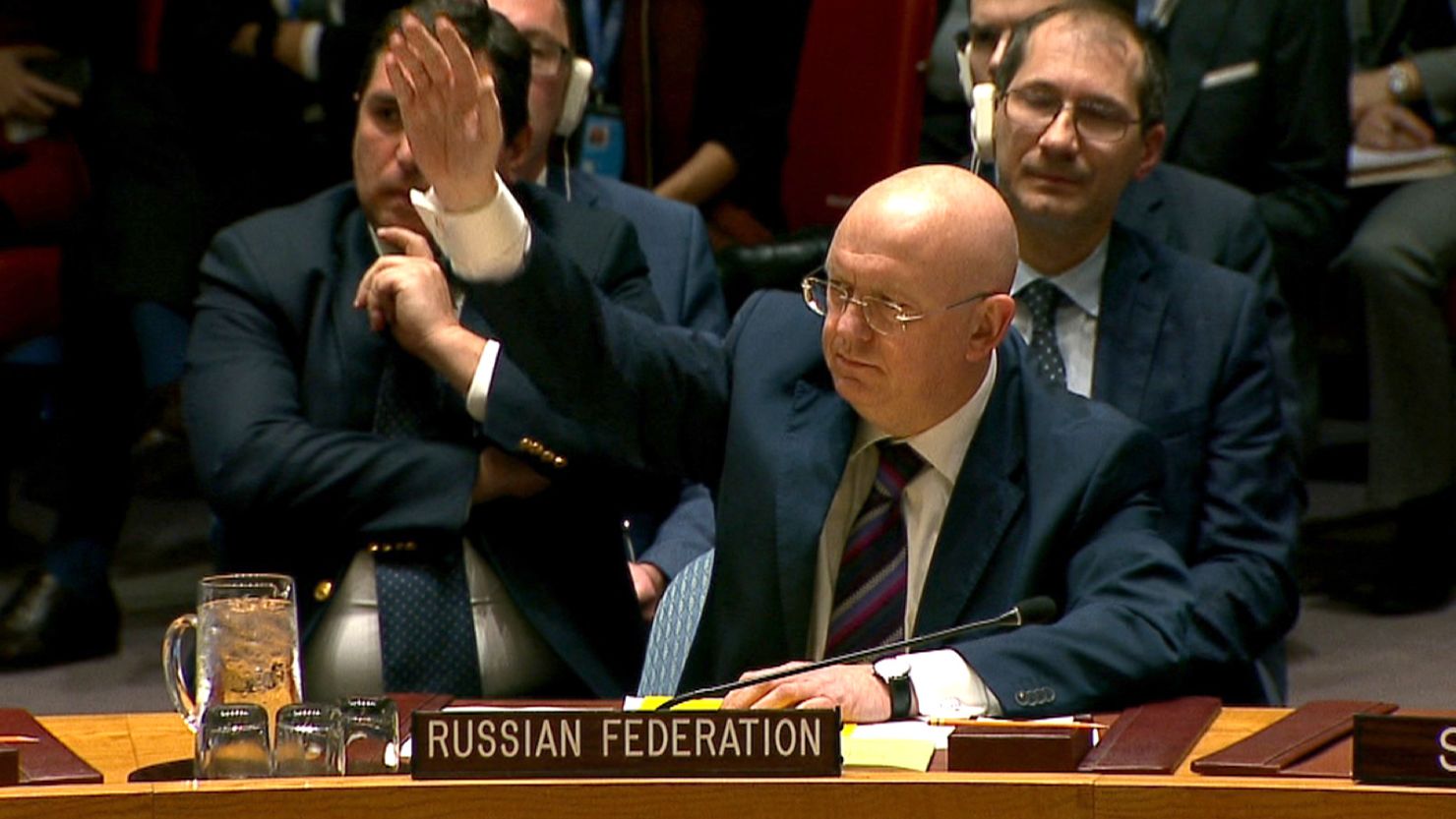 Russian Ambassador Vassily Nebenzia votes against the UN resolution on extending the chemical weapons probe.