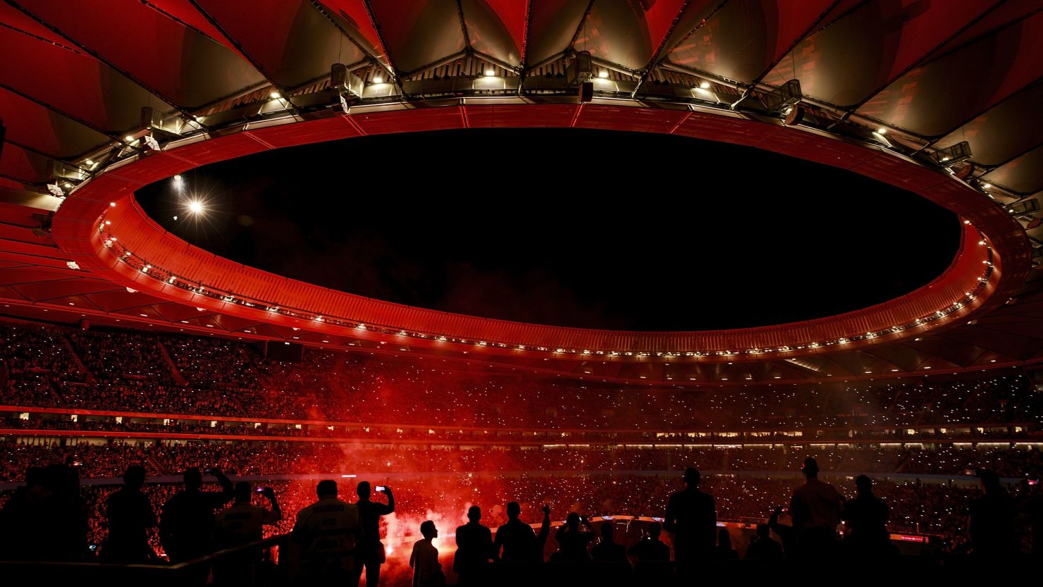 Atletico Madrid celebrate after the club's opening La Liga match at the Wanda Metropolitano stadium.