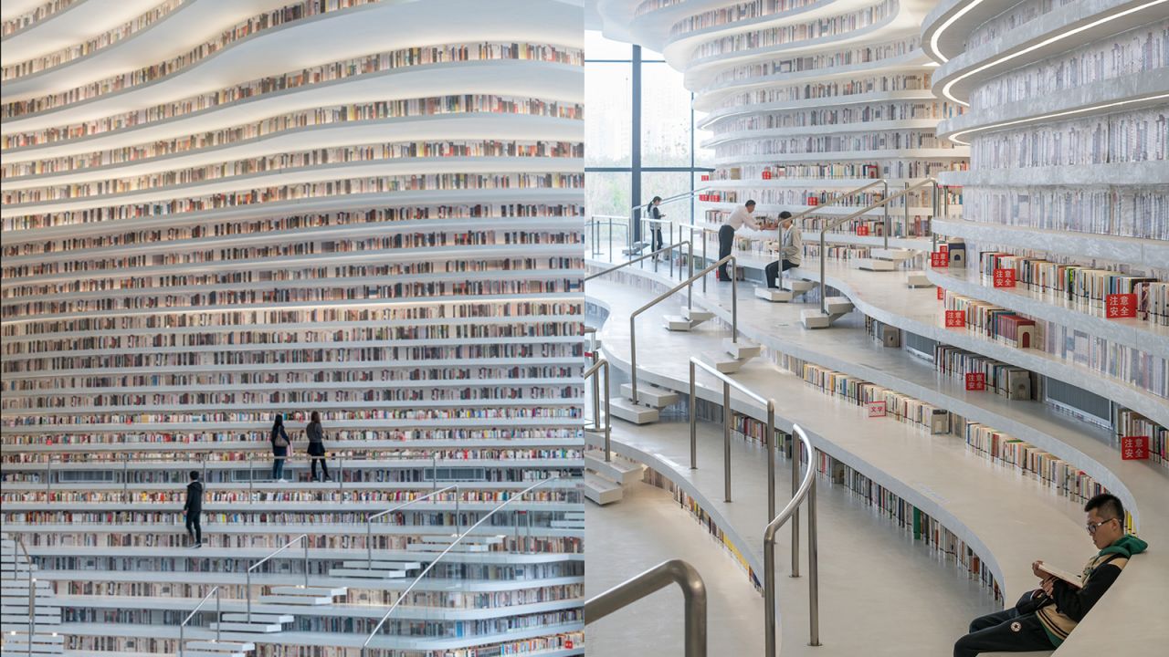 <strong>Book mountain: </strong> Visitors have complained about the lack of actual books in the atrium. Most of the shelves in the atrium are plastered with images of book spines instead of actual books. 