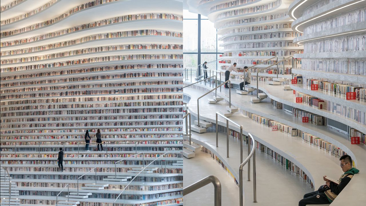 <strong>Book mountain: </strong> Visitors have complained about the lack of actual books in the atrium. Most of the shelves in the atrium are plastered with images of book spines instead of actual books.