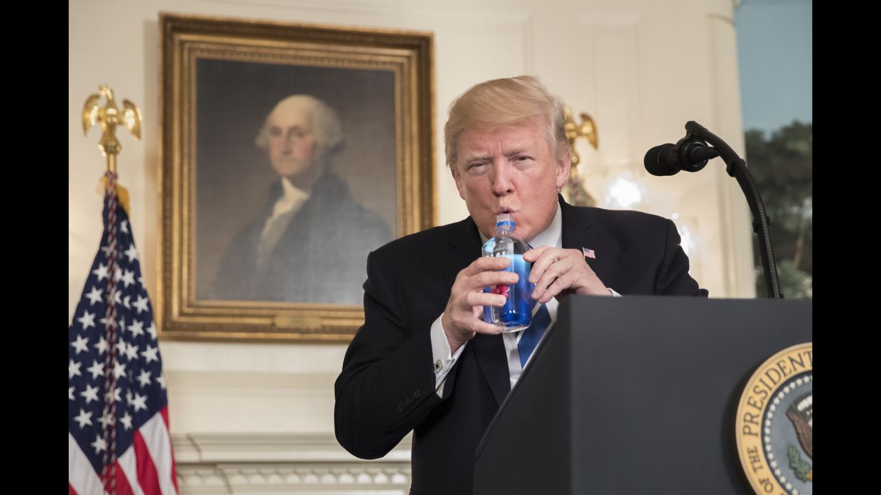 US President Donald Trump takes a sip of water as he <a href="http://www.cnn.com/2017/11/15/politics/trump-asia-trip-statement/index.html" target="_blank">delivers an address</a> in the White House on Wednesday, November 15. The sip gave Sen. Marco Rubio <a href="http://www.cnn.com/2017/11/15/politics/marco-rubio-donald-trump-water-bottle/index.html" target="_blank">a chance for some payback on Twitter.</a> During last year's presidential campaign, Trump mocked Sen. Marco Rubio for sipping water during a televised speech in 2013.