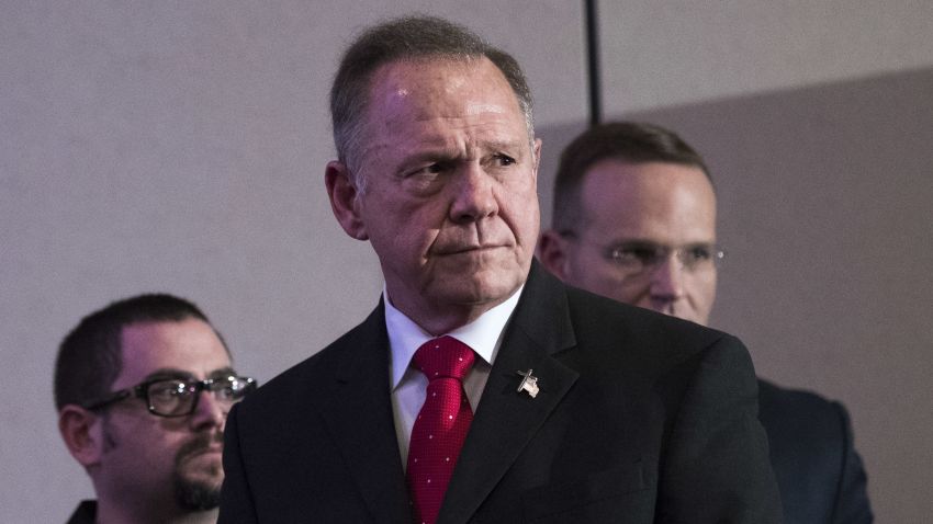BIRMINGHAM, AL - NOVEMBER 16:  Republican candidate for U.S. Senate Judge Roy Moore listens to a question during a news conference with supporters and faith leaders, November 16, 2017 in Birmingham, Alabama. Moore refused to answer questions regarding sexual harassment allegations and pursuing relationships with underage women. (Photo by Drew Angerer/Getty Images)