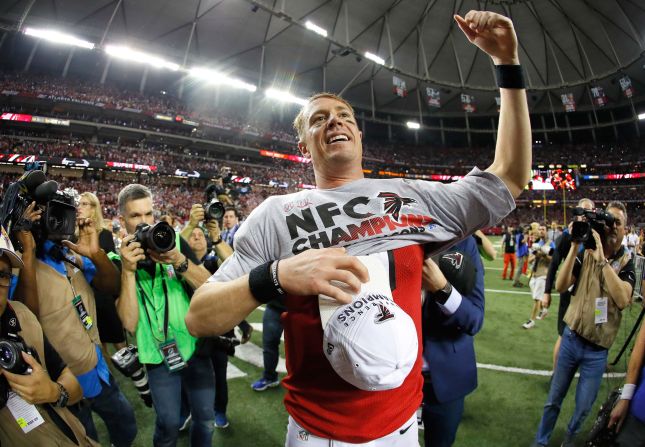 Falcons quarterback Matt Ryan celebrates after Atlanta defeats Green Bay 34-23 to advance to Super Bowl LI. The victory was the Falcons' final game at the Georgia Dome.