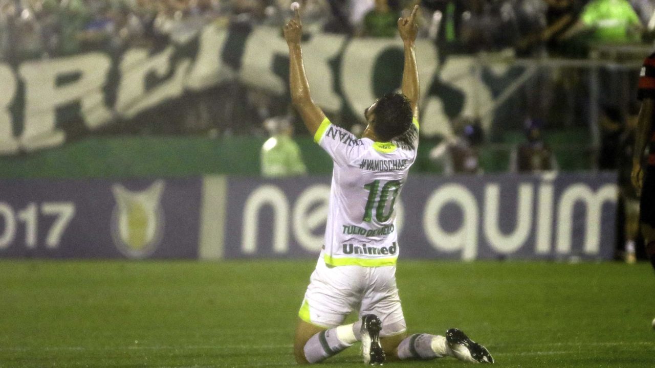 Tulio de Mello celebrates his goal that secured Chapecoense's place in Brazil's top division 