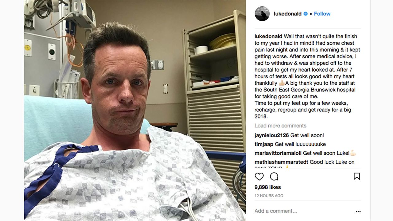 Photo posted to Instagram shows golfer Luke Donald in hospital. Instagram caption: "Well that wasn't quite the finish to my year I had in mind!! Had some chest pain last night and into this morning & it kept getting worse. After some medical advice, I had to withdraw & was shipped off to the hospital to get my heart looked at. After 7 hours of tests all looks good with my heart thankfully ???? A big thank you to the staff at the South East Georgia Brunswick hospital for taking good care of me. 
Time to put my feet up for a few weeks, recharge, regroup and get ready for a big 2018."