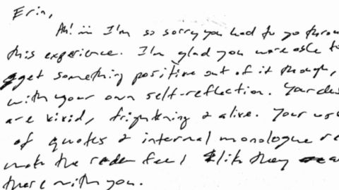 The note Heather Nagami wrote to Thompson after grading her essay.