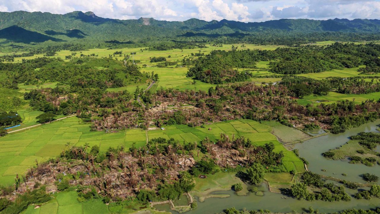 This picture taken on October 10 shows the remains of burnt villages near Maungdaw in Northern Rakhine State.
