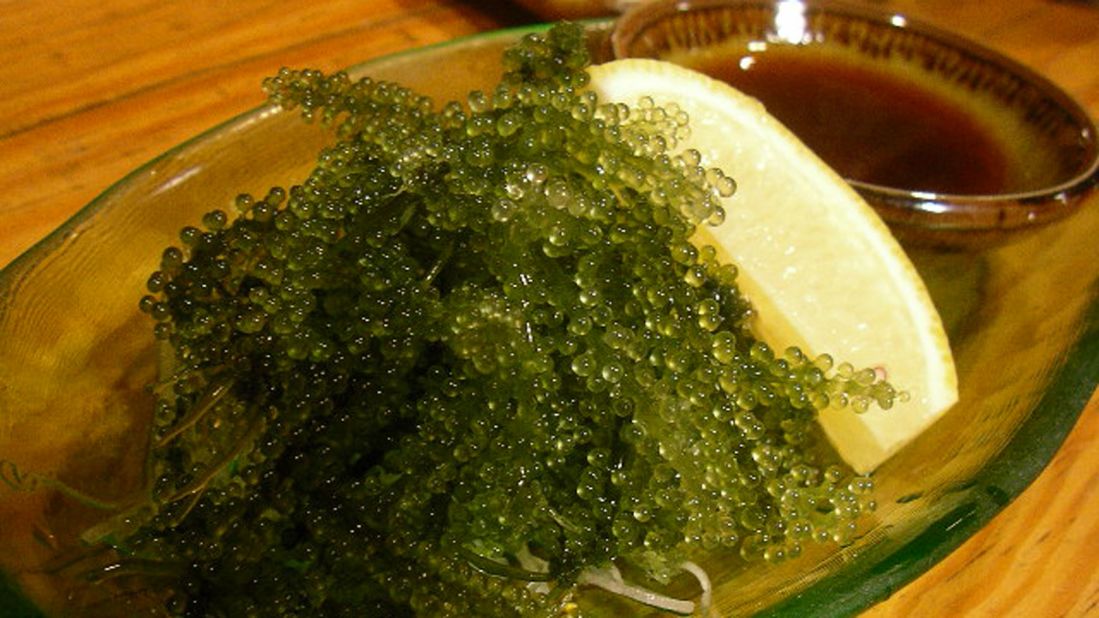 <strong>Green caviar:</strong> Umi budo (sea grapes) are delicate seaweed clusters that resemble miniature bunches of grapes, hence the name. Served with a tangy ponzu dipping sauce, the bubbles of bliss pop like caviar in your mouth.