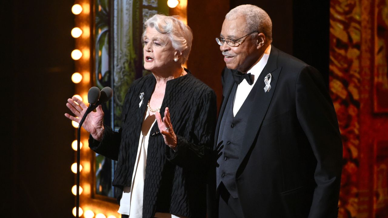 Lansbury and James Earl Jones speak at the Tony Awards in 2016.