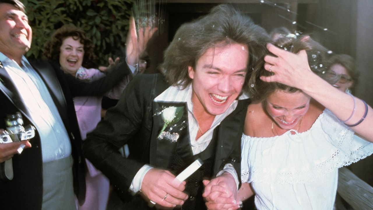 David Cassidy and Kay Lenz at their wedding at The Little Church Of The West in Las Vegas in 1977. 