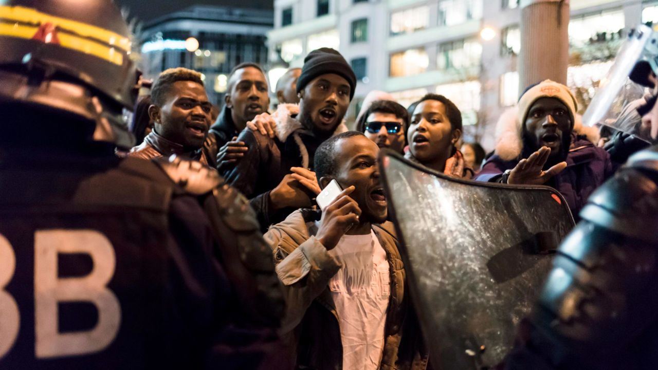 Several hundred people from the African community gathered at the call of several associations in front of the Libyan Embassy in Paris to protest against the cases of slavery in Libya. At the end of the day the demonstrators blocked traffic on the Champs-Elysées, causing clashes with the police. Paris, France, November 18, 2017.