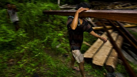 Workers at an illegal logging operation in Gunung Palung National Park.