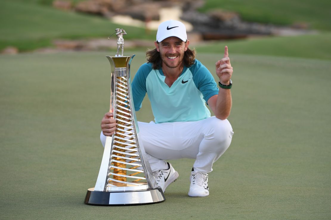 Britain's Tommy Fleetwood celebrates his 2017 Race to Dubai victory at the Jumeirah Golf Estates.