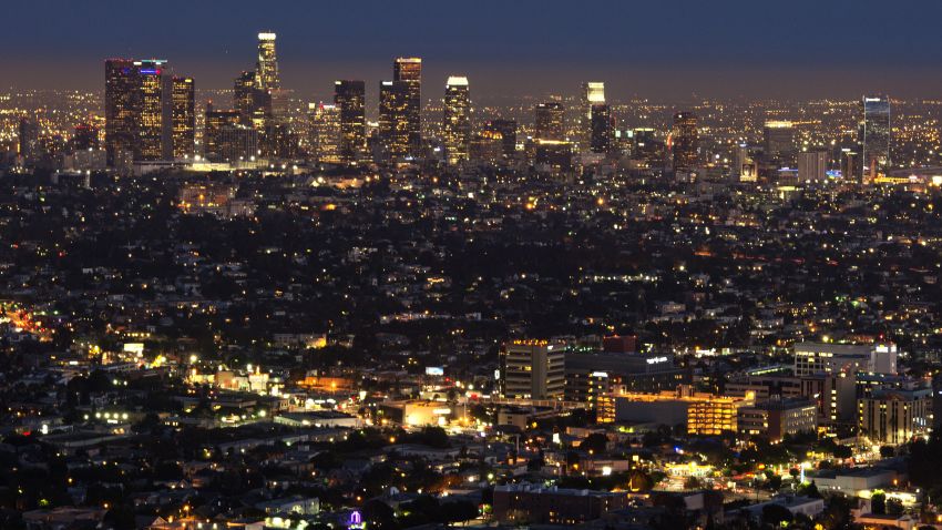 The Los Angeles skyline is seen during twilight on August 21, 2013 in California.