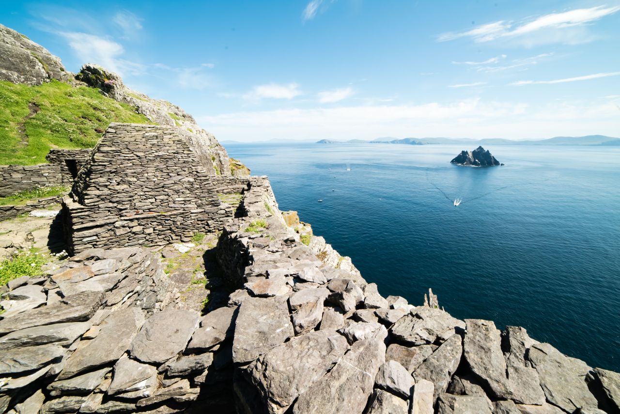 Little Skellig, seen in the distance, has never had human settlement, but thousands of sea birds live there. 
