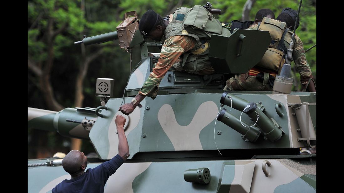 A soldier greets a citizen during a demonstration on November 18.