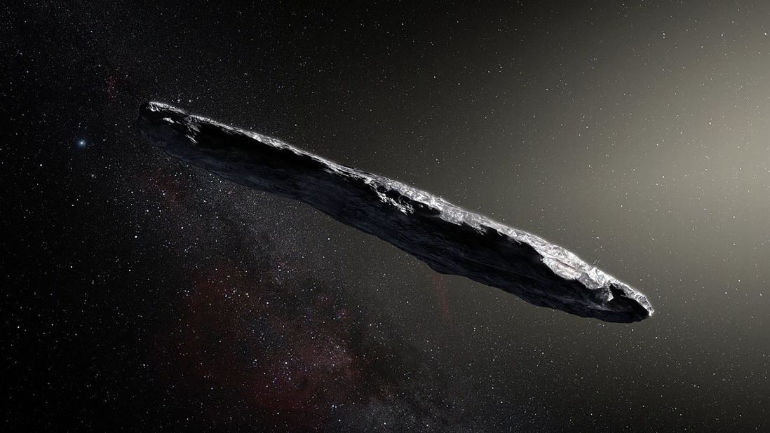 'Oumuamua, the first observed interstellar asteroid, is shown in an artist's illustration. It is longer and varies more in brightness than any asteroid to be formed in our solar system. 