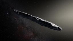 A photo illustration shows the first interstellar asteroid: `Oumuamua. This unique object was discovered on 19 October 2017 by the Pan-STARRS 1 telescope in Hawai`i. Subsequent observations from ESO's Very Large Telescope in Chile and other observatories around the world show that it was traveling through space for millions of years before its chance encounter with our star system. `Oumuamua seems to be a dark red, highly elongated metallic or rocky object, about 400 meters long, and is unlike anything normally found in the solar system.