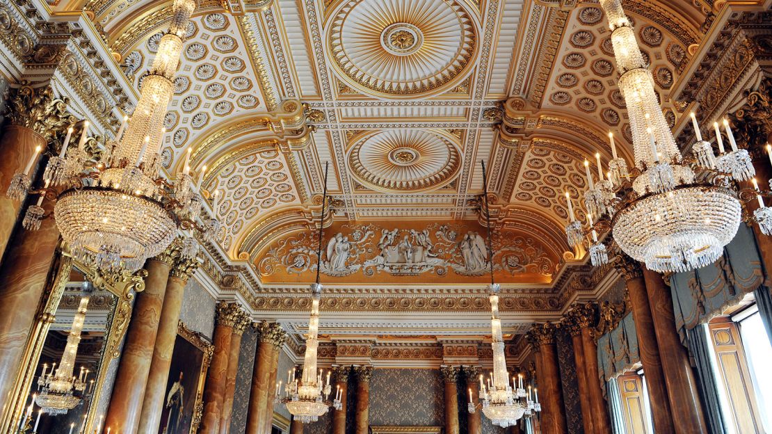 The set of four glass and ormolu chandeliers in the Blue Drawing Room are made up of 18 lights each.