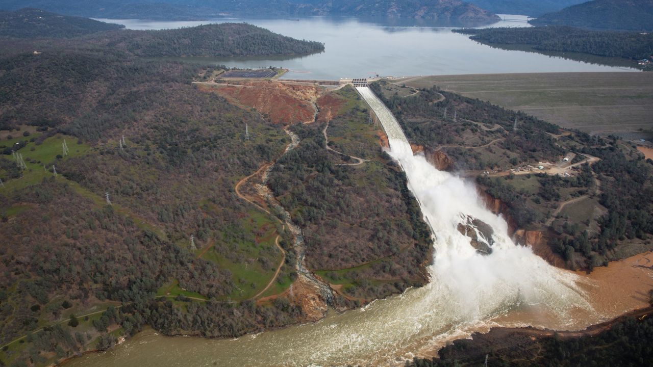 Oroville Lake, the emergency spillway and the damaged main spillway on February 13, 2017.